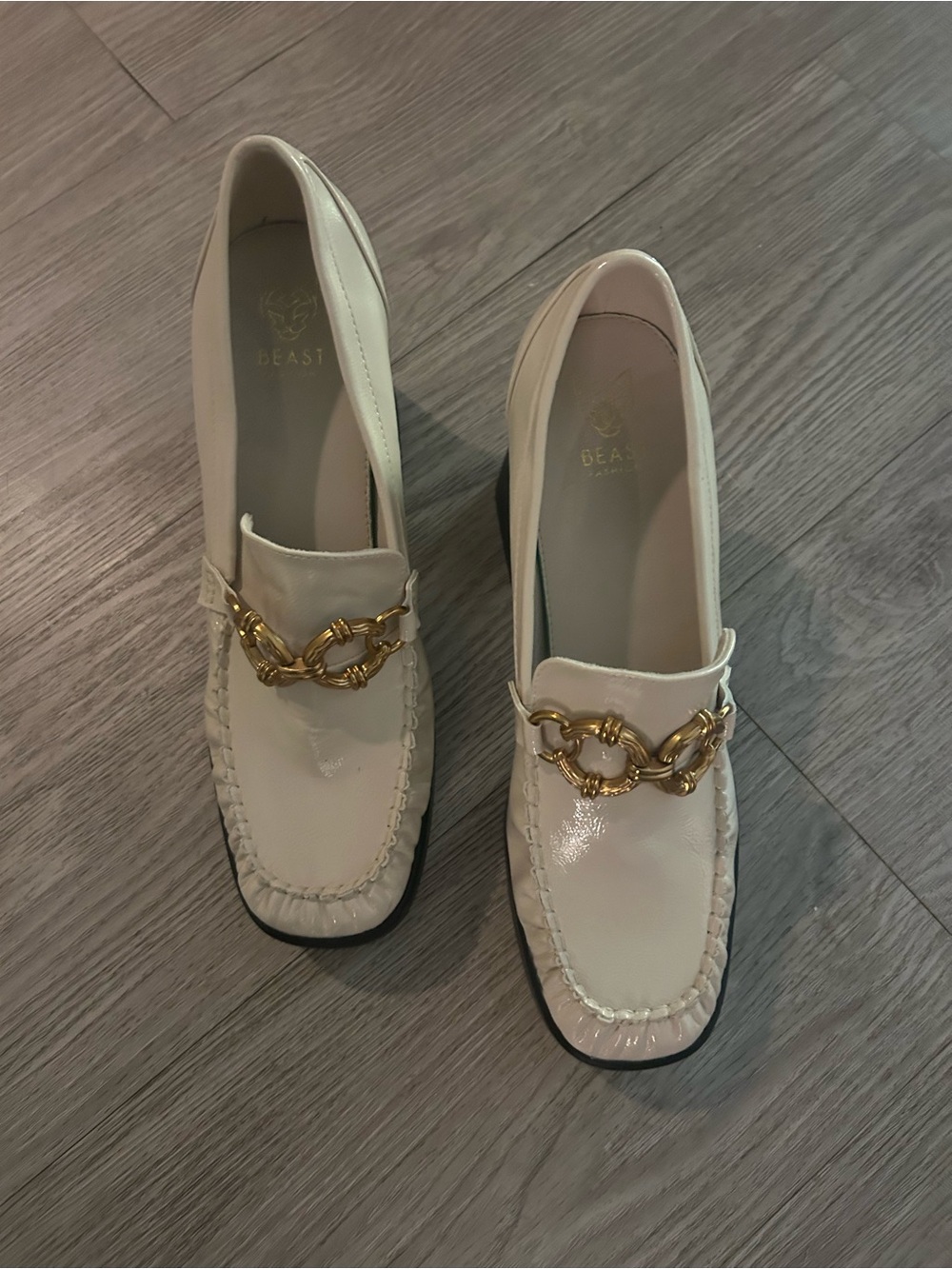 BEAST FASHION White Patent Loafers with Gold Chain Detail